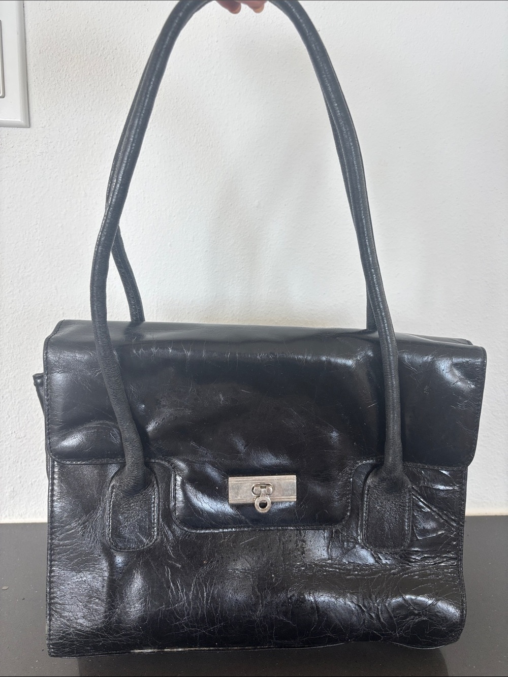 Classic Black Leather Shoulder Bag with Silver Lock